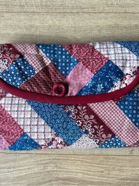 Patchwork Quilted Clutch in Blue and Burgundy